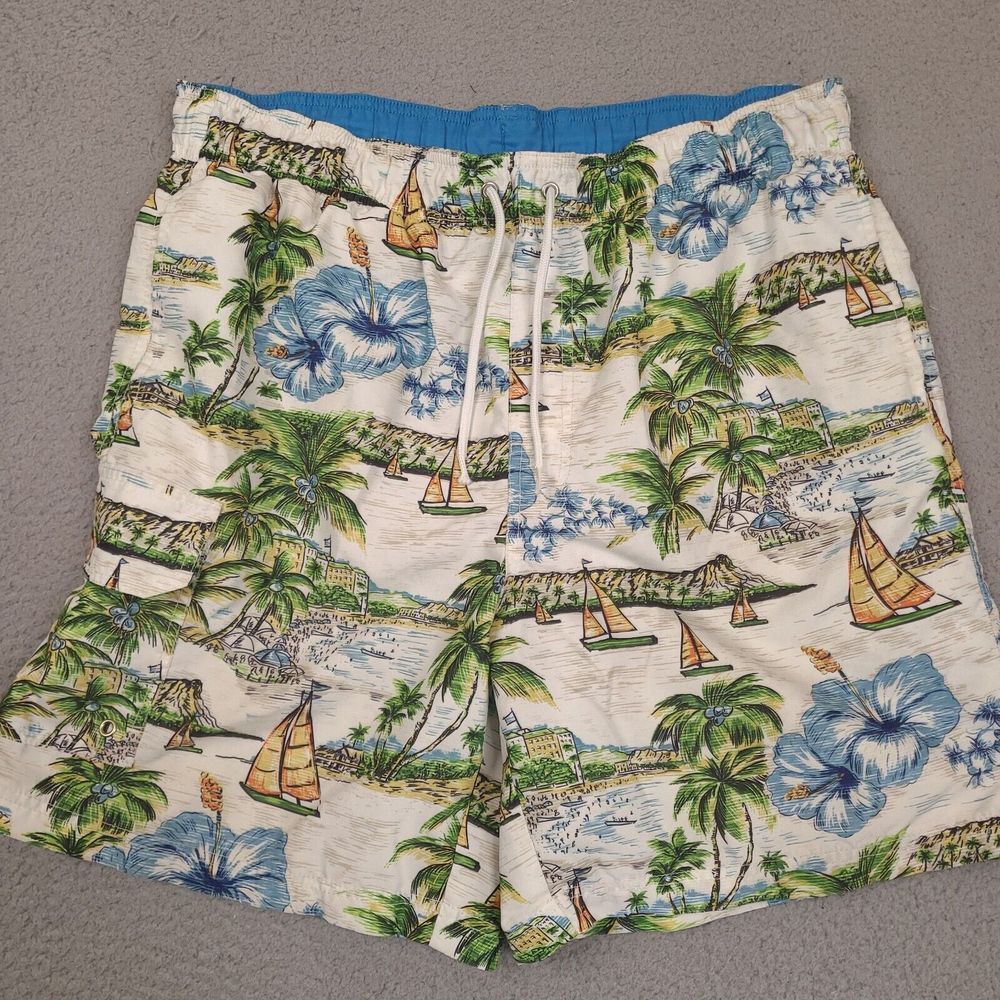 Croft & Barrow Swim Trunks Mens Large White Hawaiian Floral Sailboat‎ Palm Lined